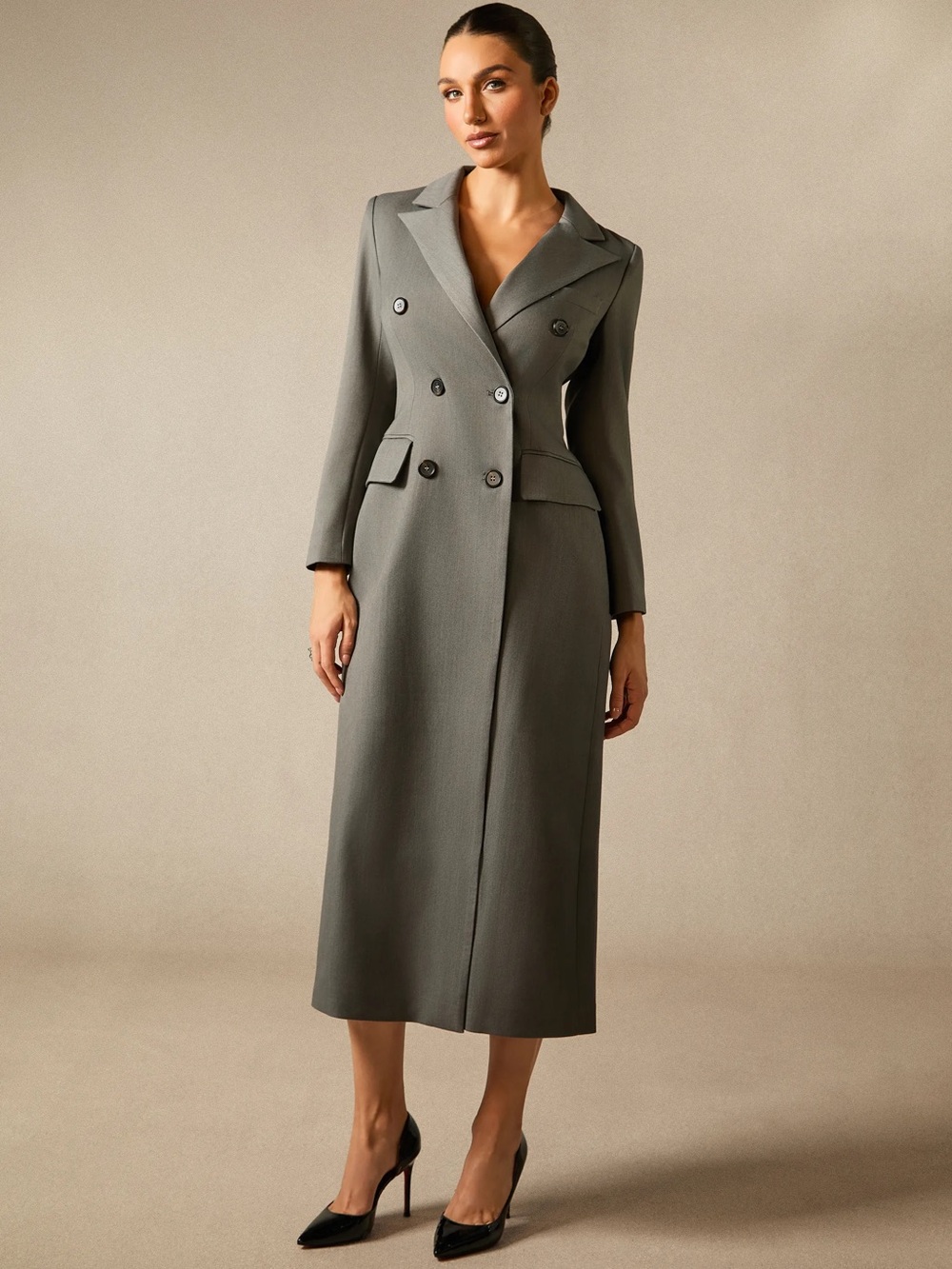 Double-Breasted Long Gray Blazer Dress